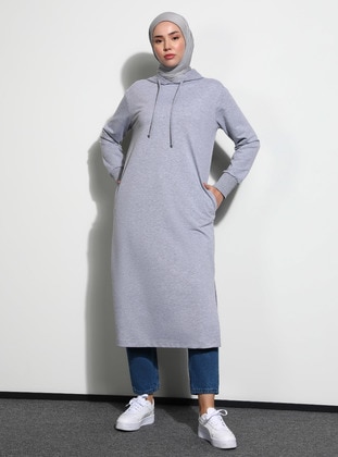 Hooded Tunic With Slit Detail Gray