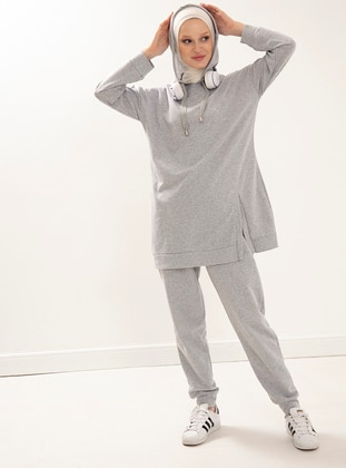 Front Side Slits And Hooded Pants Tracksuit Set Gray