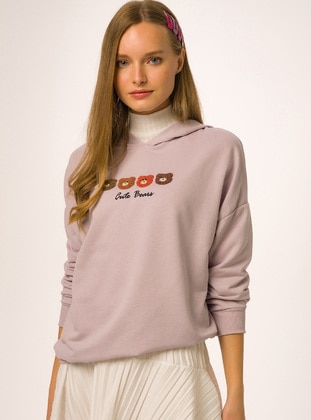 Teddy Bear Embroidered Hooded Women's Sweatshirt Lilac