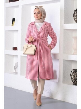 Hound's Tooth Hijab Trenchcoat Pink Coat