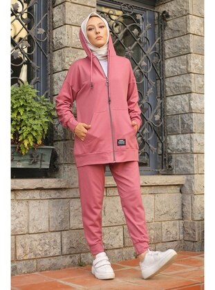 Rose Women's Modest Hooded Pockets Two Yarn Hijab Tracksuit Set