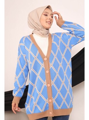 Blue Women's Modest Button Down Patterned Hijab Sweater Cardigan