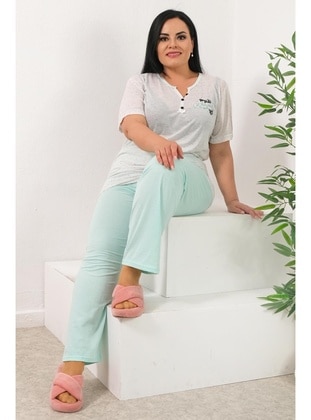Women's Ecru Mınt Embroıdered Short Sleeve Plus Sıze Pajama Set Pmtk25513 Ecru Mınt