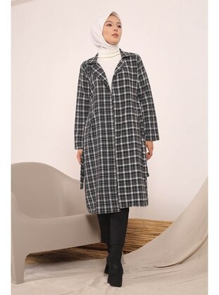 Black Women's Modest Double-Breasted Collar Plaid Patterned Hijab Cape Coat
