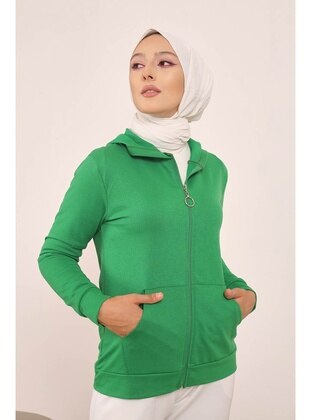 Green Women's Hooded Lycra Sweatshirt With Front Zipper Pocket