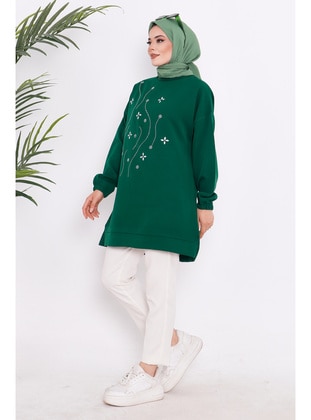 Emerald Green Women's Modest Crew-Neck Tunic With Stone Detail