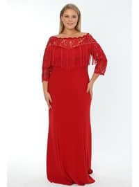 Red - Modest Plus Size Evening Dress - Arıkan