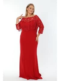 Red - Modest Plus Size Evening Dress - Arıkan