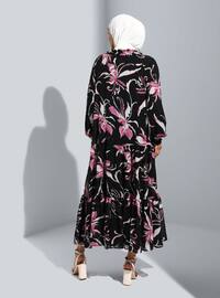 Floral Chiffon Modest Dress With Tie Detail Black Pink
