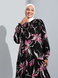 Floral Chiffon Modest Dress With Tie Detail Black Pink