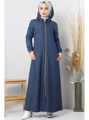 Hijab Denim Abaya With Button Detail On The Back Tsd8220 Dark Blue