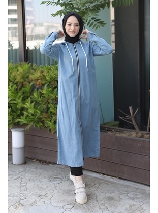 Zippered Hijab Denim Cape Tsd220612 Light Blue Coat