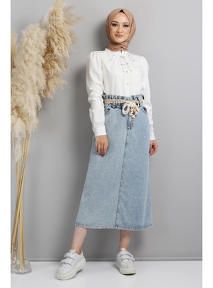 Denim Skirt With Straw Belt Tsd220636 Blue