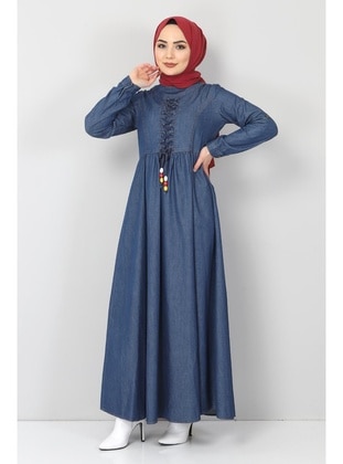 Hijab Jeans Dress With Lace-Up Front Tsd06139 Dark Blue