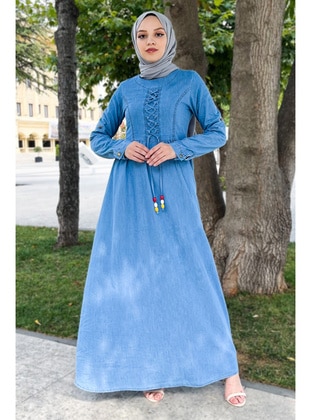 Hijab Jeans Dress With Lace-Up Front Tsd220833 Light Blue