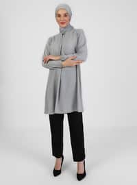 A Pleated Bow Collar Detailed Tunic Gray