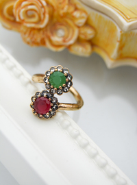Ruby & Emerald Adjustable Ring - Bronze