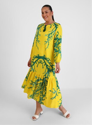Woven Viscose Fabric Skirt Hem Folded Long Sleeve Modest Dress Yellow