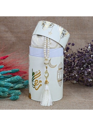 Cylinder Box & Pearl Rosary Tasbih & Silk Nur Taffeta Prayer Rug - Cream