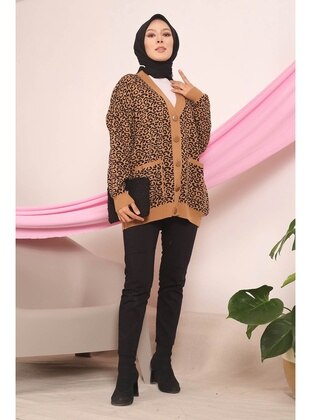 Camel Women's Modest Button Down Leopard Print Hijab Sweater Cardigan With Pocket