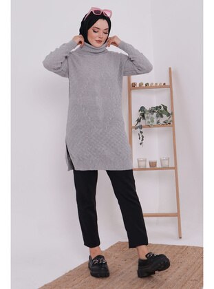 Gray Women's Modest Women's  Knitted Hijab Sweater Tunic With Slits