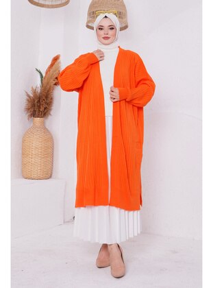 Orange Women's Modest Women's Modest Fitted Long Hijab Sweater Cardigan With Slits