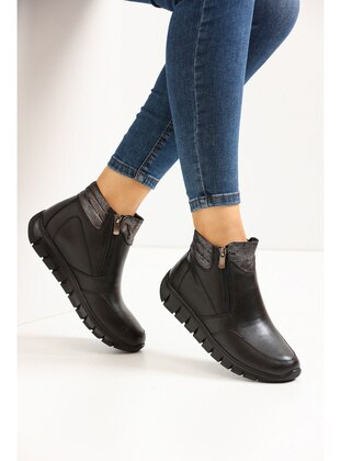 Black Genuine Leather Front Double Zipper Women's Boots 3608