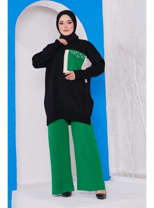 Black Women's Modest Stone Detailed Slit Tunic Pants Hijab Knitwear Set