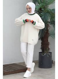 Cream-Beige Women's Modest Turtleneck Balloon Sleeve Hijab Sweater Tunic