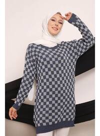 Navy Blue Women's Modest Crew-Neck Square Patterned Hijab Sweater Tunic