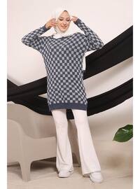 Navy Blue Women's Modest Crew-Neck Square Patterned Hijab Sweater Tunic