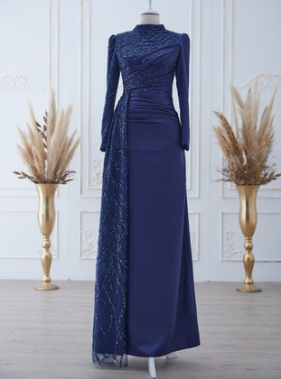 Aslan Polat Navy Blue Modest Evening Dress
