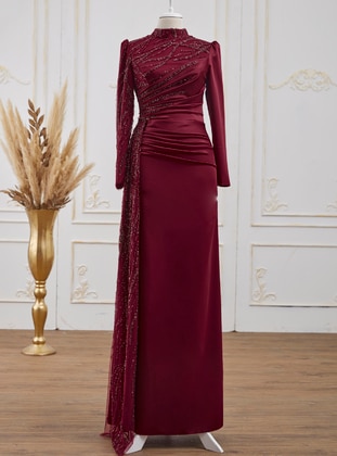 Aslan Polat Maroon Modest Evening Dress
