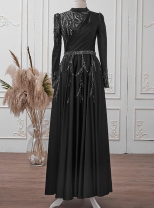 Black - Silvery - Fully Lined - Crew neck - Modest Evening Dress - Aslan Polat