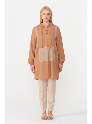 Nihan Knitted Garnished Plus Size Hooded Tunic Camel