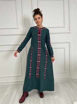 ELİŞ ŞİLE BEZİ Petrol Modest Dress