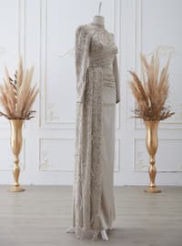Cream - Silvery - Fully Lined - Crew neck - Modest Evening Dress