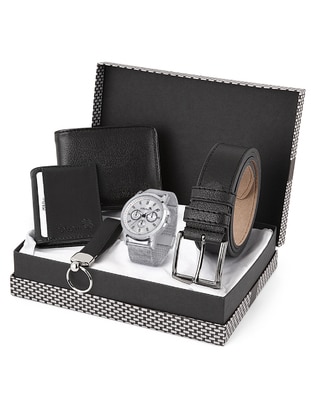 Men's Watch Belt Wallet Card Holder Keychain Gift Set Black Silver