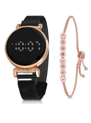 Mesh Magnetized Band Led Women Watch And Water Way Bracelet Set Copper Color Black