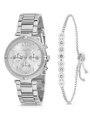 Women's Watch And Zircon Stone  Bracelet Set Silver