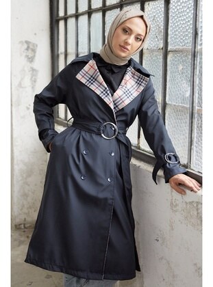 Eleta Double-Breasted Collar Plaid Trenchcoat Navy Blue