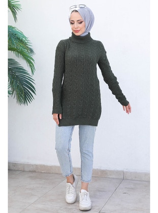 Khaki Women's Modest Knitted Patterned Hijab Sweater Tunic With Turtleneck Slits