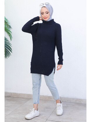 Navy Blue Women's Modest Women's Hijab Sweater Tunic With Turtleneck Slits