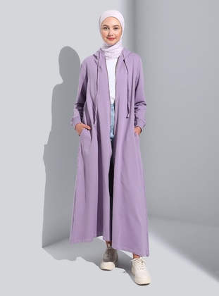 Hood Detailed Zippered Sports Overcoat Lilac Coat