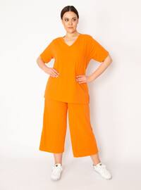 Camisole Knitted Elastic Waist Wide Leg Pants V-Neck Blouse Set Oranj