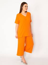 Camisole Knitted Elastic Waist Wide Leg Pants V-Neck Blouse Set Oranj