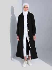Hood Detailed Snap Fastened Sports Overcoat Black Coat