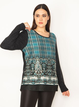 Crew Neck Front Patterned Tunic Green