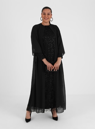 Plus Size Sequin Detailed Evening Dress Black