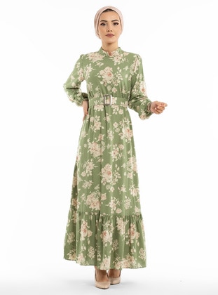 Belt Detailed Floral Patterned Modest Dress Pistachio Green